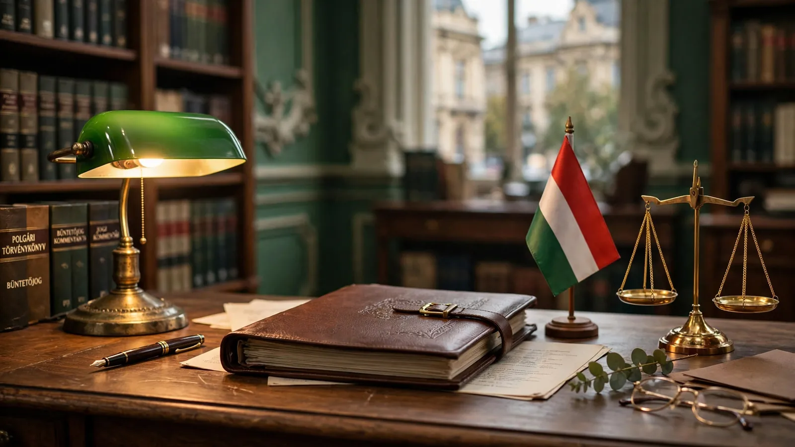 Elegáns budapesti jogi iroda asztala iratokkal és igazságmérleggel