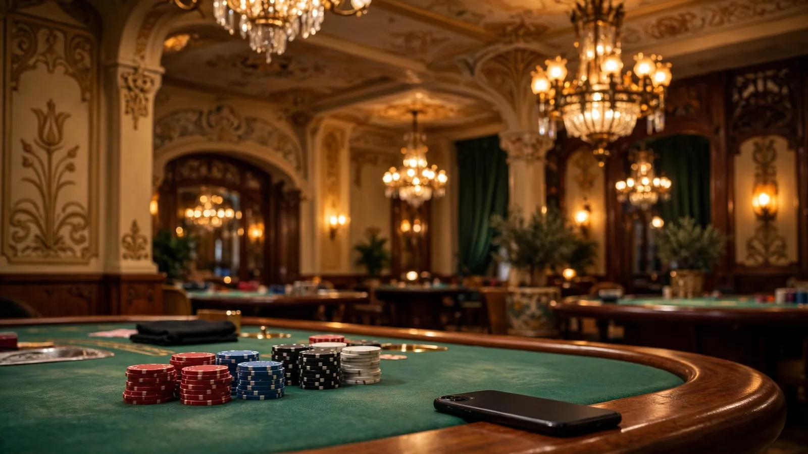 Elegáns budapesti kaszinó belseje baccarat asztallal és zsetonokkal